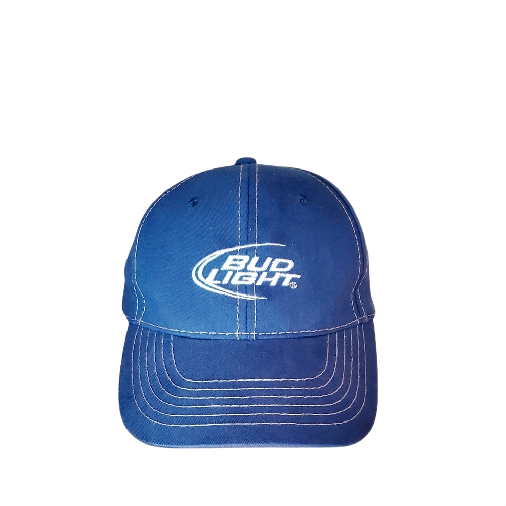 VTG Bud Light Beer Blue Hat Cap White Thread Hook and Loop Adjustable